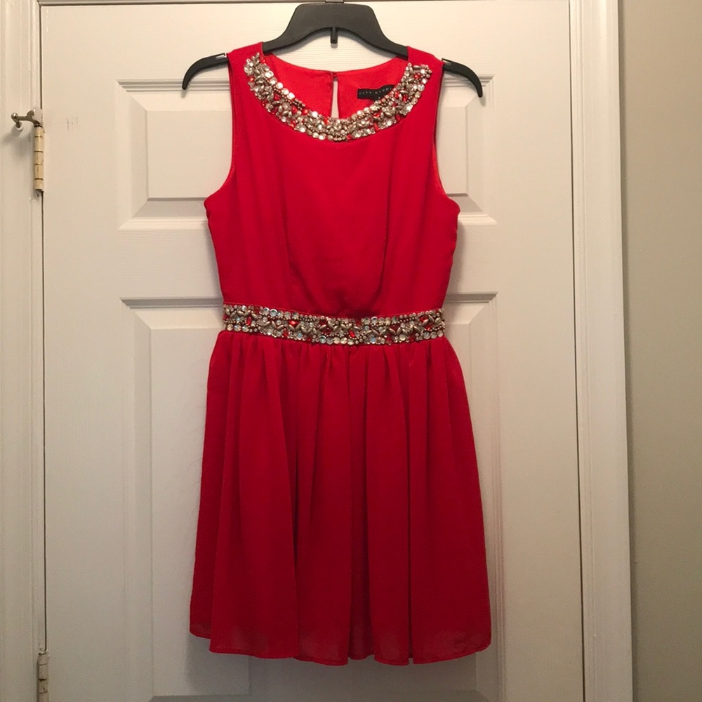 Red Dress with Beaded Waist/Neck Detail (Size: 3)